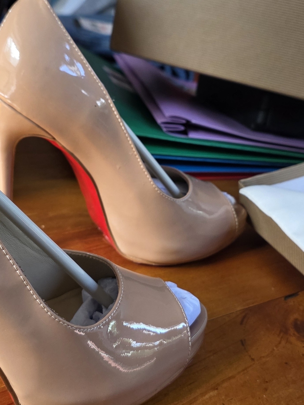 Christian Louboutin Nude Lady Z Patent Peep-Toe Pumps with Signature Red Sole